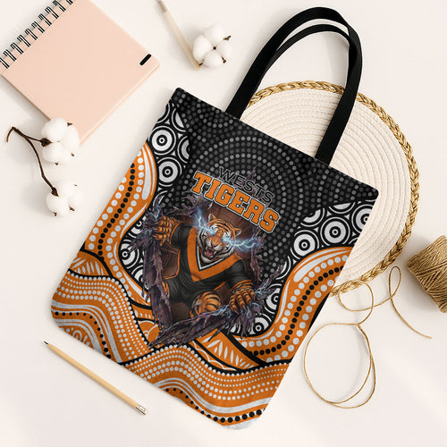 Wests Tigers Tote Bag The Scream of Lightning Eyes - Indigenous Dot Ripping Effect