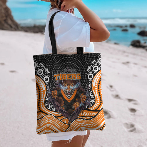 Wests Tigers Tote Bag The Scream of Lightning Eyes - Indigenous Dot Ripping Effect