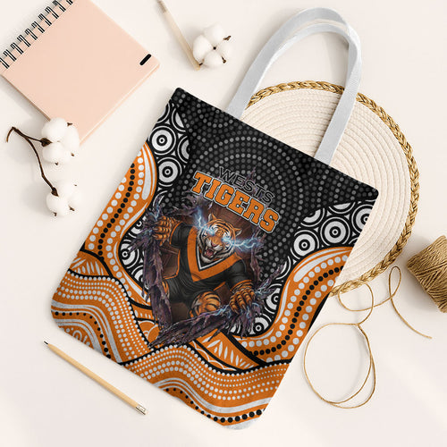 Wests Tigers Tote Bag The Scream of Lightning Eyes - Indigenous Dot Ripping Effect