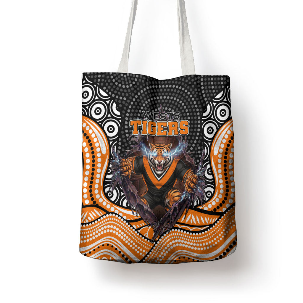 Wests Tigers Tote Bag The Scream of Lightning Eyes - Indigenous Dot Ripping Effect