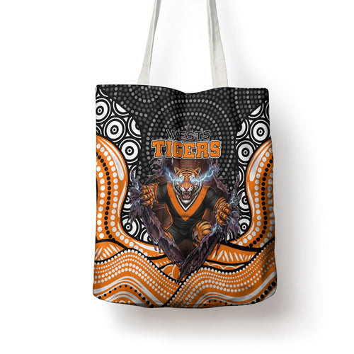 Wests Tigers Tote Bag The Scream of Lightning Eyes - Indigenous Dot Ripping Effect