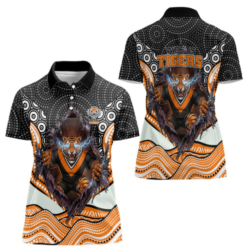 Wests Tigers Women Polo Shirt The Scream of Lightning Eyes - Indigenous Dot Ripping Effect