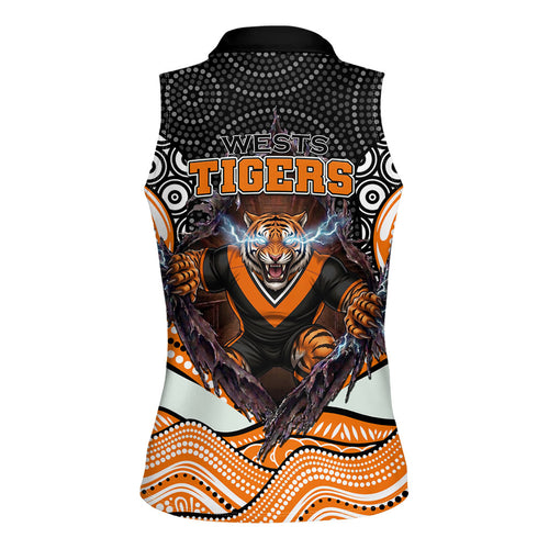 Wests Tigers Women Sleeveless Polo Shirt The Scream of Lightning Eyes - Indigenous Dot Ripping Effect