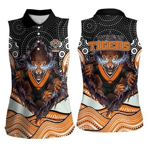 Wests Tigers Women Sleeveless Polo Shirt The Scream of Lightning Eyes - Indigenous Dot Ripping Effect