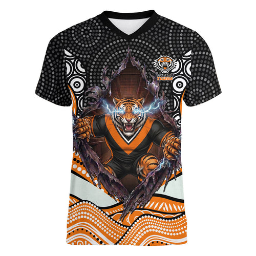 Wests Tigers Women V-Neck T-Shirt The Scream of Lightning Eyes - Indigenous Dot Ripping Effect