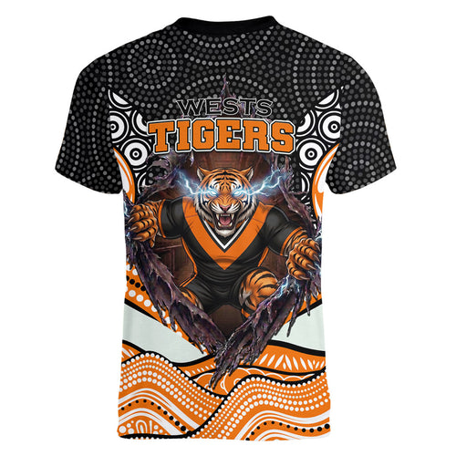 Wests Tigers Women V-Neck T-Shirt The Scream of Lightning Eyes - Indigenous Dot Ripping Effect