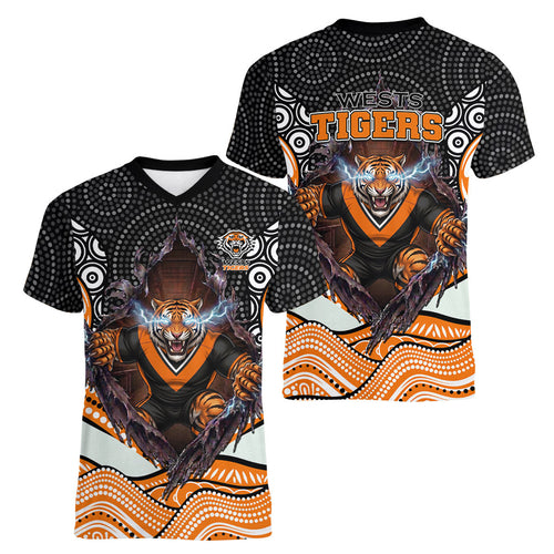Wests Tigers Women V-Neck T-Shirt The Scream of Lightning Eyes - Indigenous Dot Ripping Effect