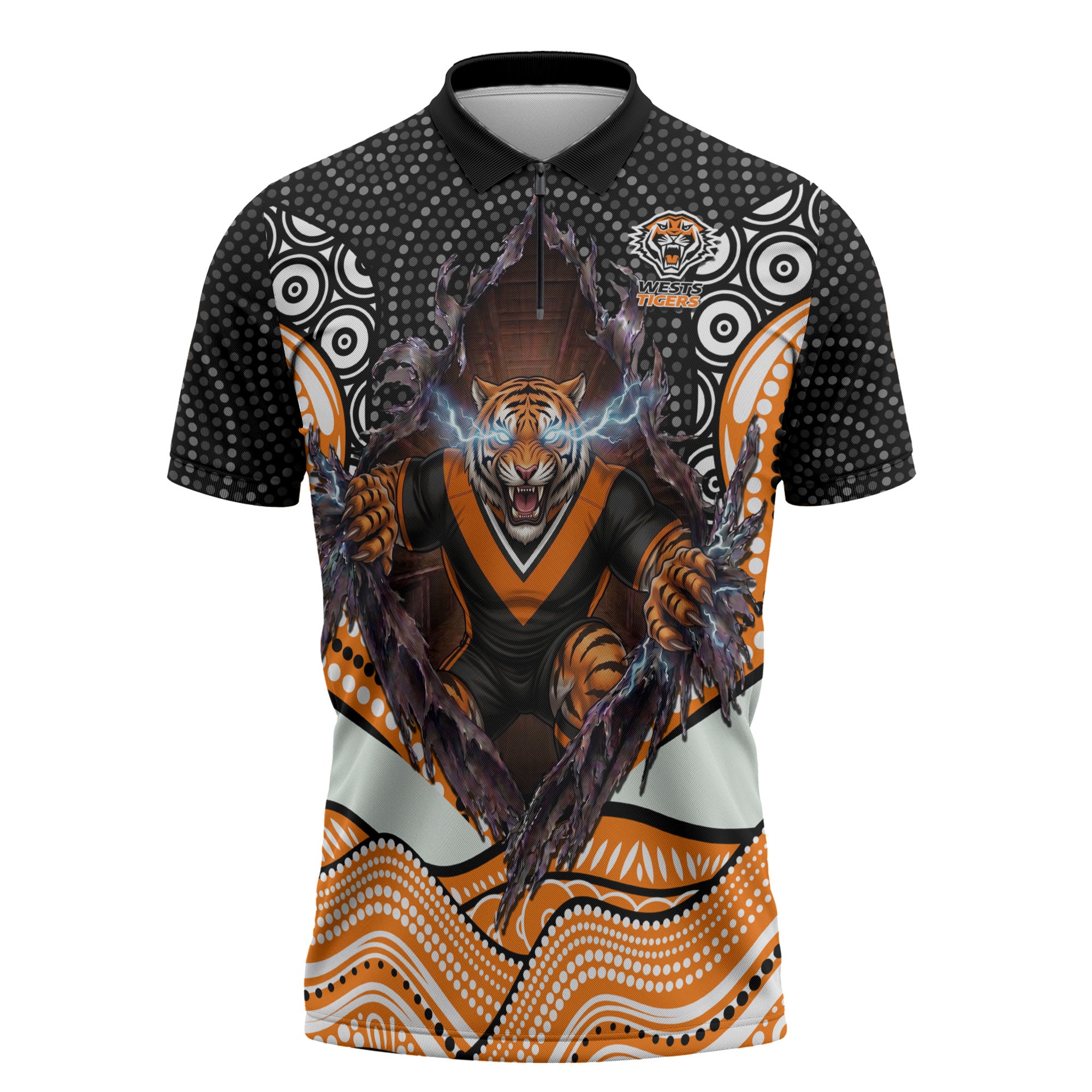 Wests Tigers Zipper Polo Shirt The Scream of Lightning Eyes - Indigenous Dot Ripping Effect