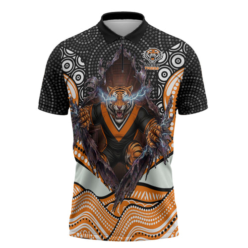 Wests Tigers Zipper Polo Shirt The Scream of Lightning Eyes - Indigenous Dot Ripping Effect