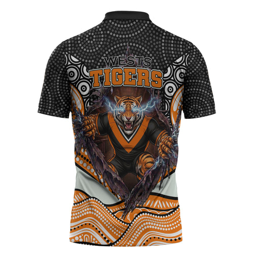 Wests Tigers Zipper Polo Shirt The Scream of Lightning Eyes - Indigenous Dot Ripping Effect