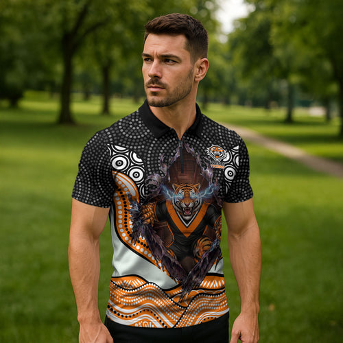 Wests Tigers Zipper Polo Shirt The Scream of Lightning Eyes - Indigenous Dot Ripping Effect