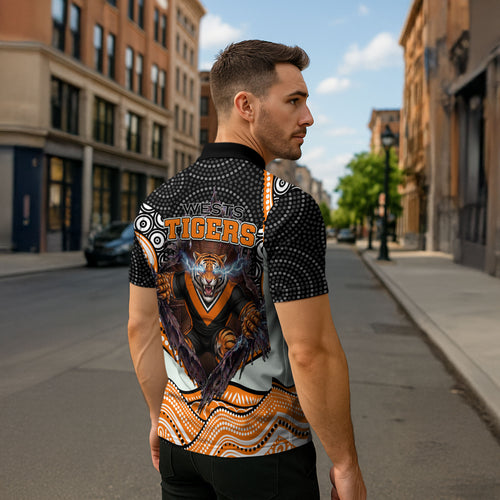 Wests Tigers Zipper Polo Shirt The Scream of Lightning Eyes - Indigenous Dot Ripping Effect