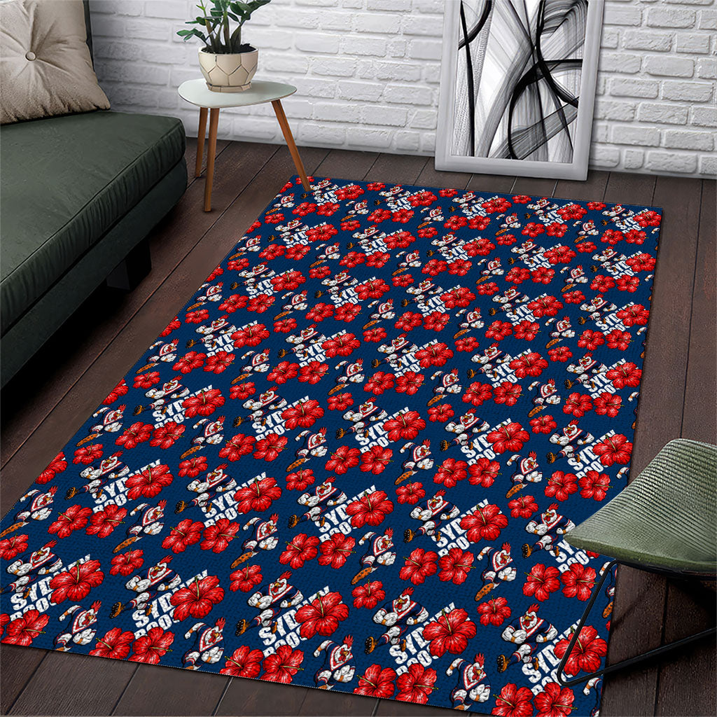Sydney Roosters Area Rug Tropical Hibiscus Floral Seamless Rugby Mascot