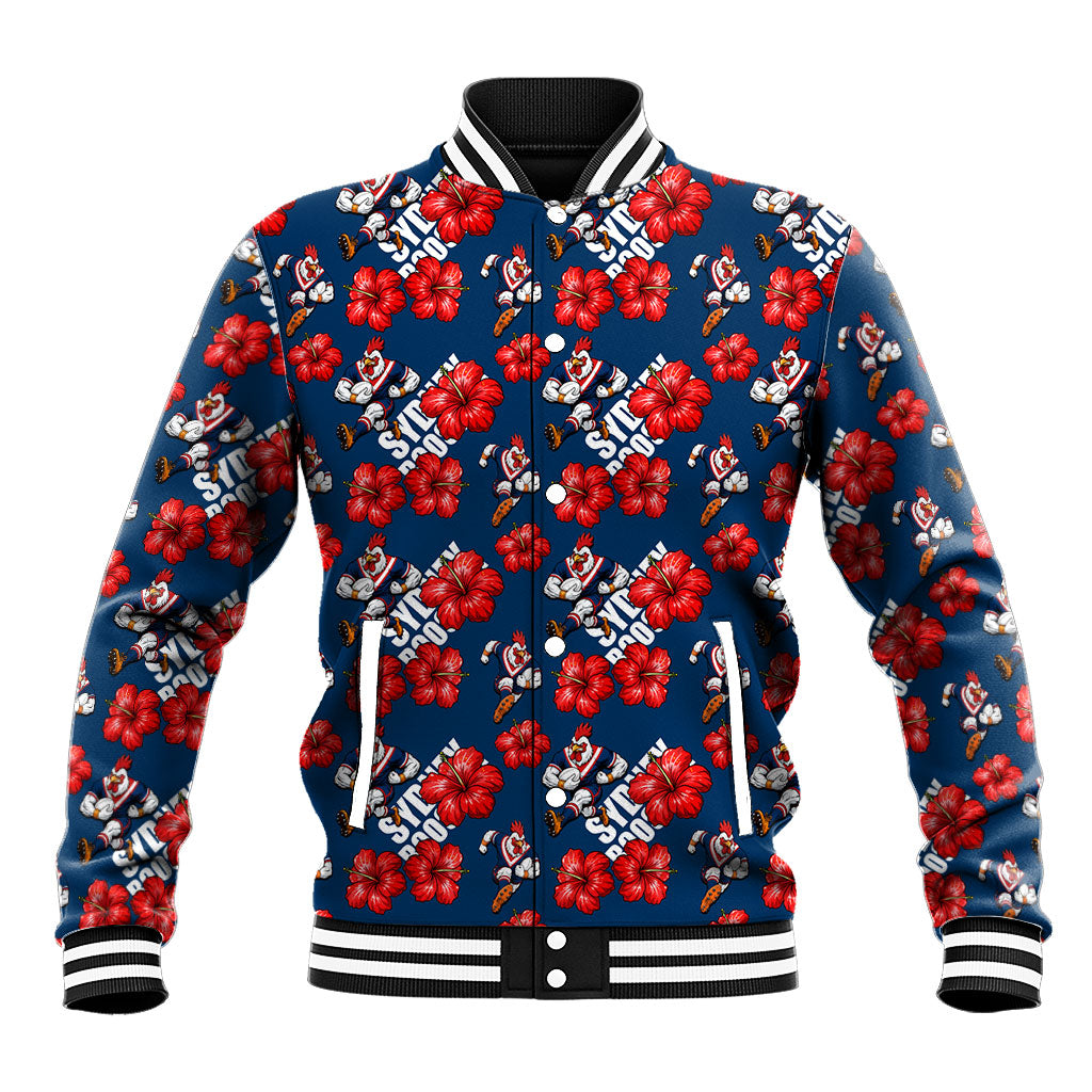 Sydney Roosters Baseball Jacket Tropical Hibiscus Floral Seamless Rugby Mascot