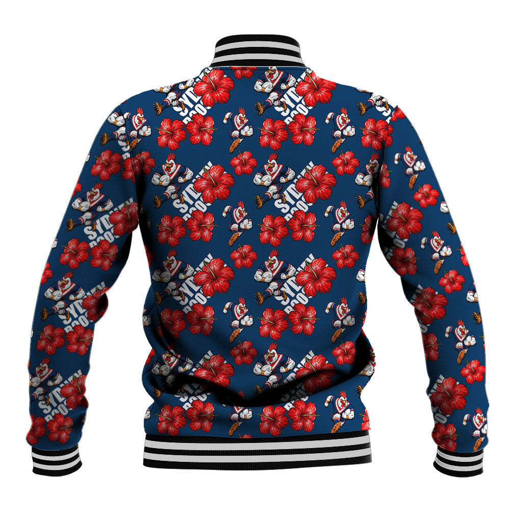 Sydney Roosters Baseball Jacket Tropical Hibiscus Floral Seamless Rugby Mascot