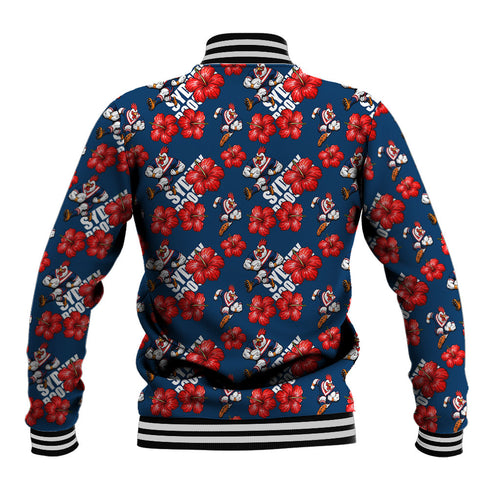 Sydney Roosters Baseball Jacket Tropical Hibiscus Floral Seamless Rugby Mascot