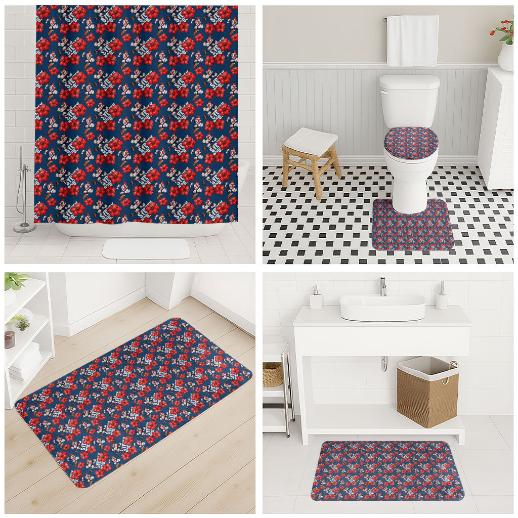 Sydney Roosters Bathroom Set Tropical Hibiscus Floral Seamless Rugby Mascot