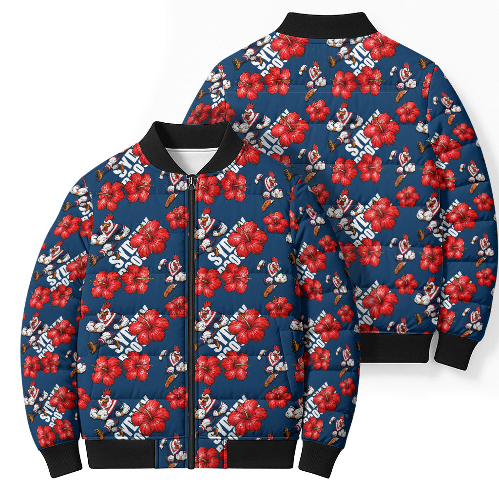 Sydney Roosters Bomber Puffer Jacket Tropical Hibiscus Floral Seamless Rugby Mascot
