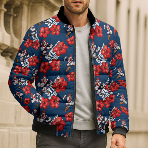 Sydney Roosters Bomber Puffer Jacket Tropical Hibiscus Floral Seamless Rugby Mascot