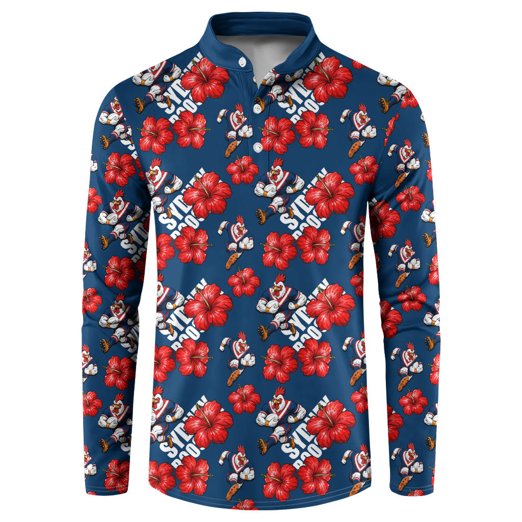 Sydney Roosters Button Sweatshirt Tropical Hibiscus Floral Seamless Rugby Mascot