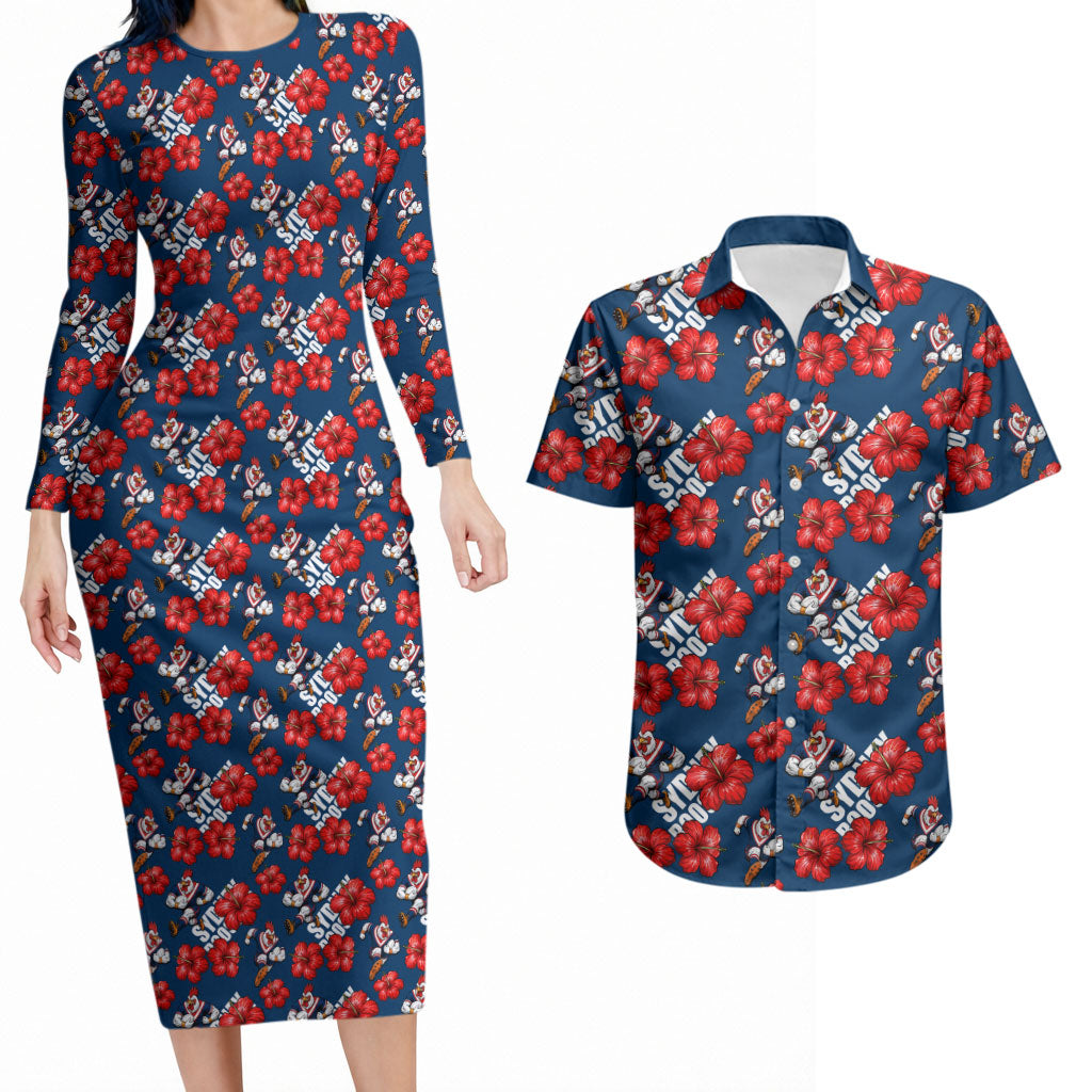 Sydney Roosters Couples Matching Long Sleeve Bodycon Dress and Hawaiian Shirt Tropical Hibiscus Floral Seamless Rugby Mascot