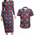 Sydney Roosters Couples Matching Long Sleeve Bodycon Dress and Hawaiian Shirt Tropical Hibiscus Floral Seamless Rugby Mascot
