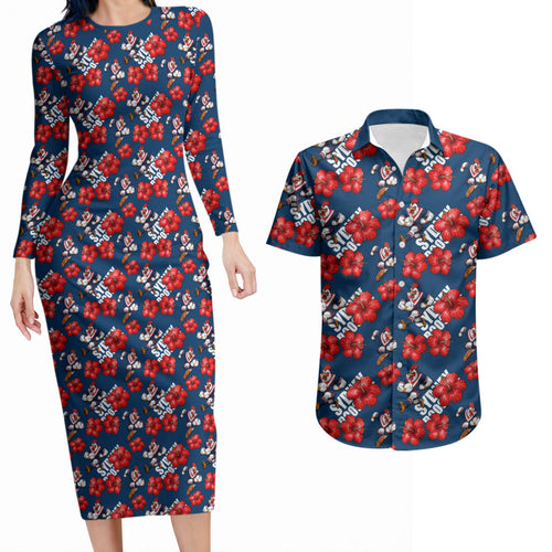 Sydney Roosters Couples Matching Long Sleeve Bodycon Dress and Hawaiian Shirt Tropical Hibiscus Floral Seamless Rugby Mascot