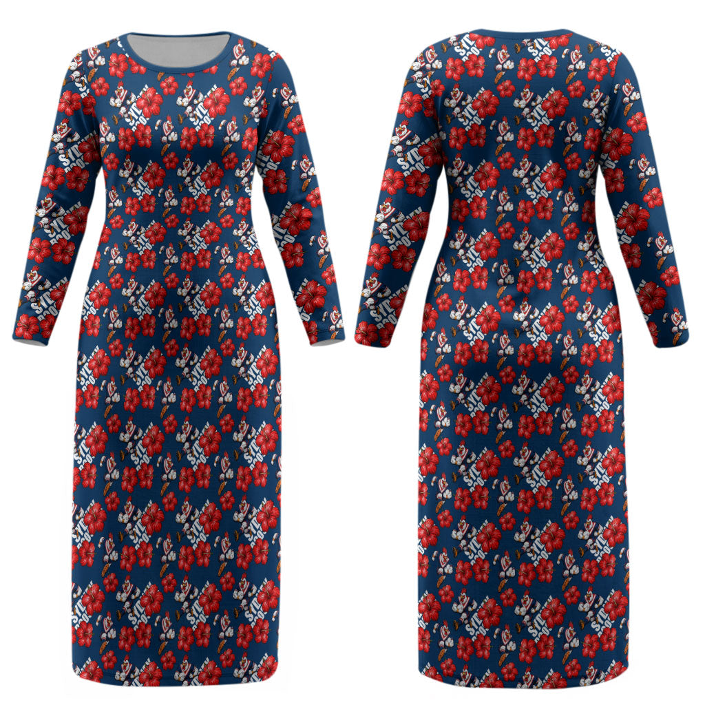 Sydney Roosters Couples Matching Long Sleeve Bodycon Dress and Hawaiian Shirt Tropical Hibiscus Floral Seamless Rugby Mascot