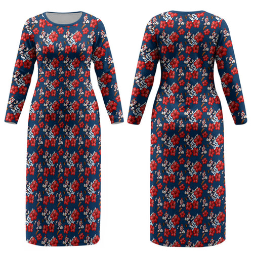 Sydney Roosters Couples Matching Long Sleeve Bodycon Dress and Hawaiian Shirt Tropical Hibiscus Floral Seamless Rugby Mascot