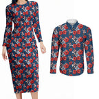 Sydney Roosters Couples Matching Long Sleeve Bodycon Dress and Long Sleeve Button Shirt Tropical Hibiscus Floral Seamless Rugby Mascot