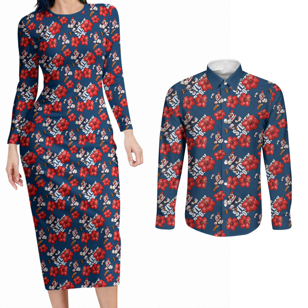 Sydney Roosters Couples Matching Long Sleeve Bodycon Dress and Long Sleeve Button Shirt Tropical Hibiscus Floral Seamless Rugby Mascot