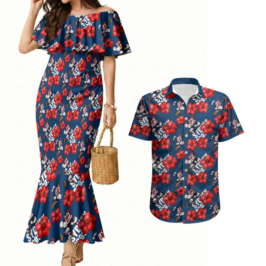 Sydney Roosters Couples Matching Mermaid Dress and Hawaiian Shirt Tropical Hibiscus Floral Seamless Rugby Mascot