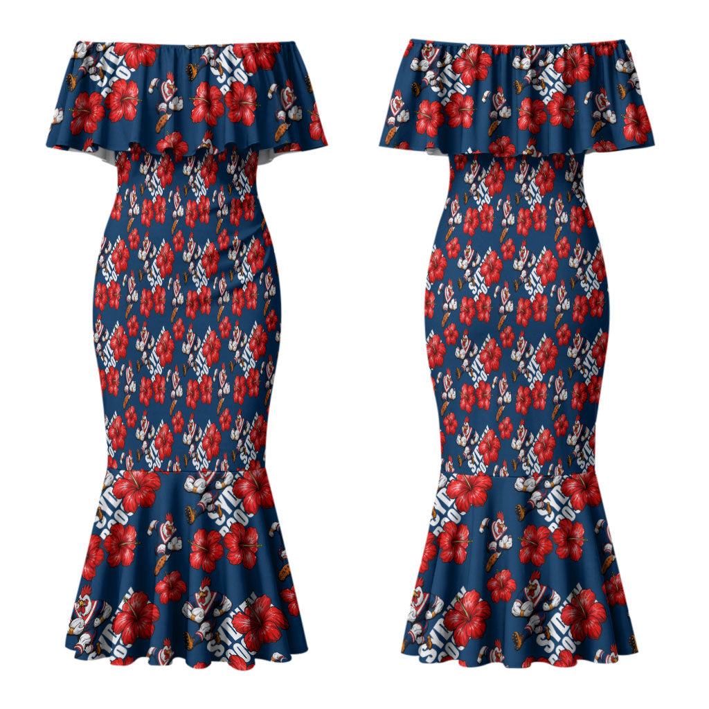 Sydney Roosters Couples Matching Mermaid Dress and Hawaiian Shirt Tropical Hibiscus Floral Seamless Rugby Mascot