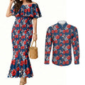 Sydney Roosters Couples Matching Mermaid Dress and Long Sleeve Button Shirt Tropical Hibiscus Floral Seamless Rugby Mascot