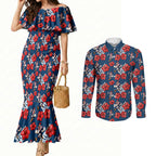 Sydney Roosters Couples Matching Mermaid Dress and Long Sleeve Button Shirt Tropical Hibiscus Floral Seamless Rugby Mascot