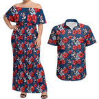 Sydney Roosters Couples Matching Off Shoulder Maxi Dress and Hawaiian Shirt Tropical Hibiscus Floral Seamless Rugby Mascot