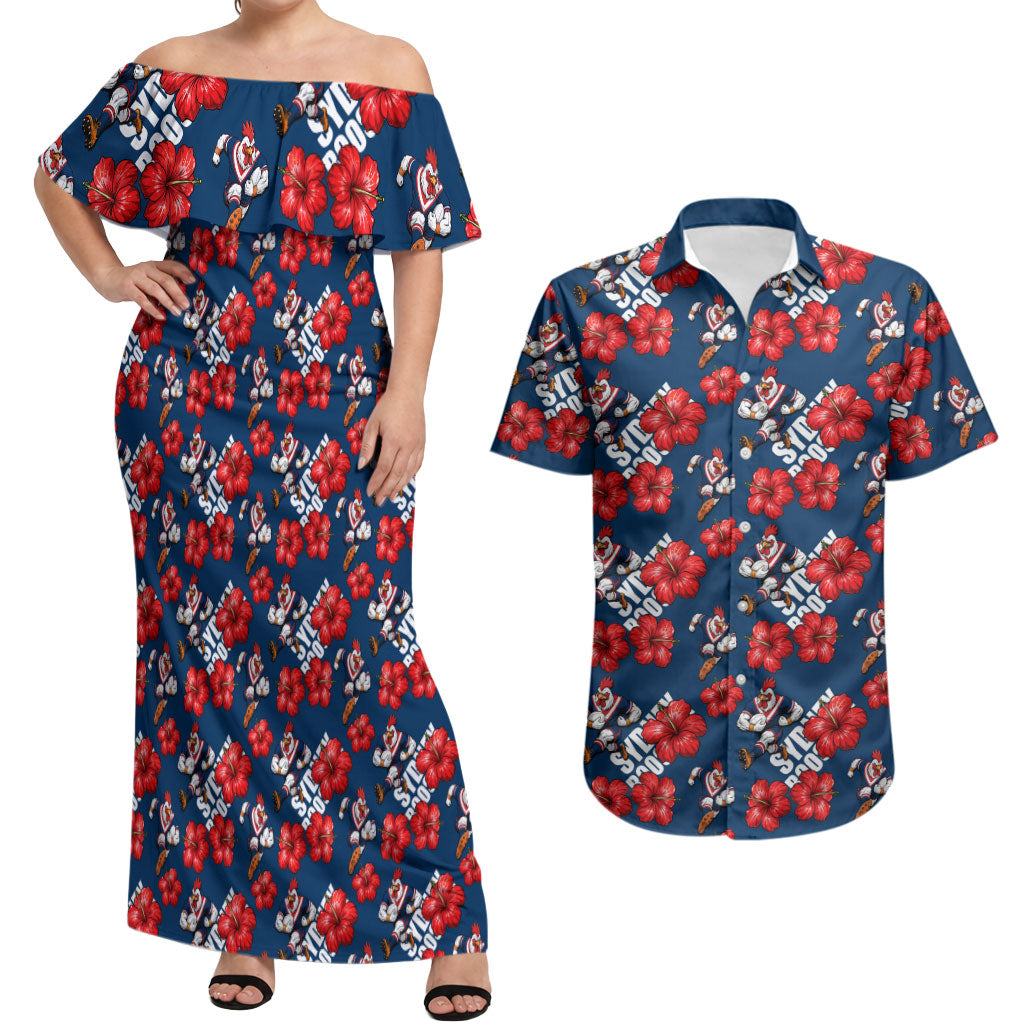 Sydney Roosters Couples Matching Off Shoulder Maxi Dress and Hawaiian Shirt Tropical Hibiscus Floral Seamless Rugby Mascot