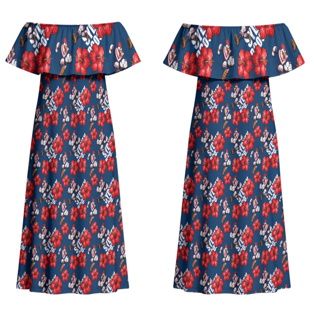 Sydney Roosters Couples Matching Off Shoulder Maxi Dress and Hawaiian Shirt Tropical Hibiscus Floral Seamless Rugby Mascot