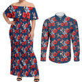 Sydney Roosters Couples Matching Off Shoulder Maxi Dress and Long Sleeve Button Shirt Tropical Hibiscus Floral Seamless Rugby Mascot