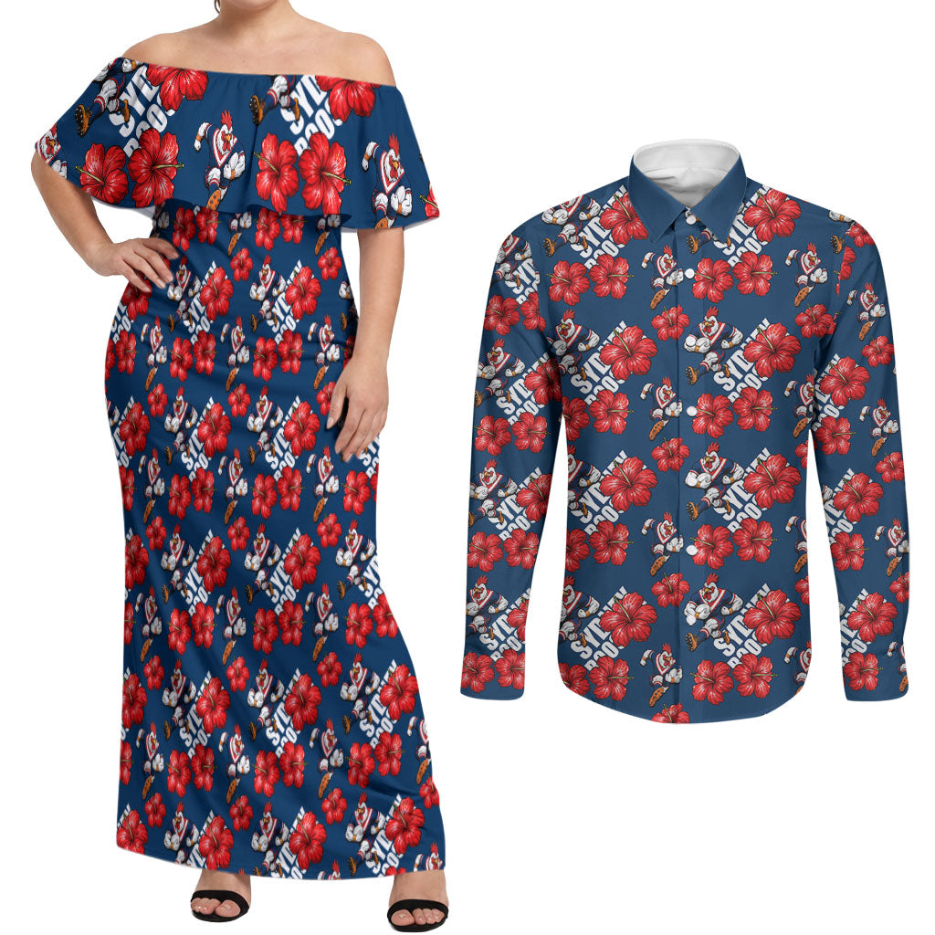 Sydney Roosters Couples Matching Off Shoulder Maxi Dress and Long Sleeve Button Shirt Tropical Hibiscus Floral Seamless Rugby Mascot