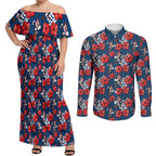 Sydney Roosters Couples Matching Off Shoulder Maxi Dress and Long Sleeve Button Shirt Tropical Hibiscus Floral Seamless Rugby Mascot
