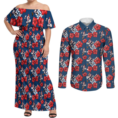 Sydney Roosters Couples Matching Off Shoulder Maxi Dress and Long Sleeve Button Shirt Tropical Hibiscus Floral Seamless Rugby Mascot
