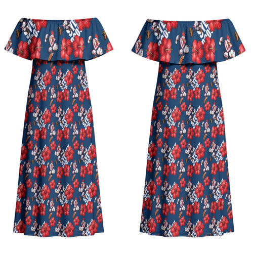 Sydney Roosters Couples Matching Off Shoulder Maxi Dress and Long Sleeve Button Shirt Tropical Hibiscus Floral Seamless Rugby Mascot
