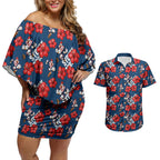 Sydney Roosters Couples Matching Off Shoulder Short Dress and Hawaiian Shirt Tropical Hibiscus Floral Seamless Rugby Mascot