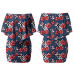 Sydney Roosters Couples Matching Off Shoulder Short Dress and Hawaiian Shirt Tropical Hibiscus Floral Seamless Rugby Mascot