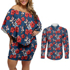 Sydney Roosters Couples Matching Off Shoulder Short Dress and Long Sleeve Button Shirt Tropical Hibiscus Floral Seamless Rugby Mascot