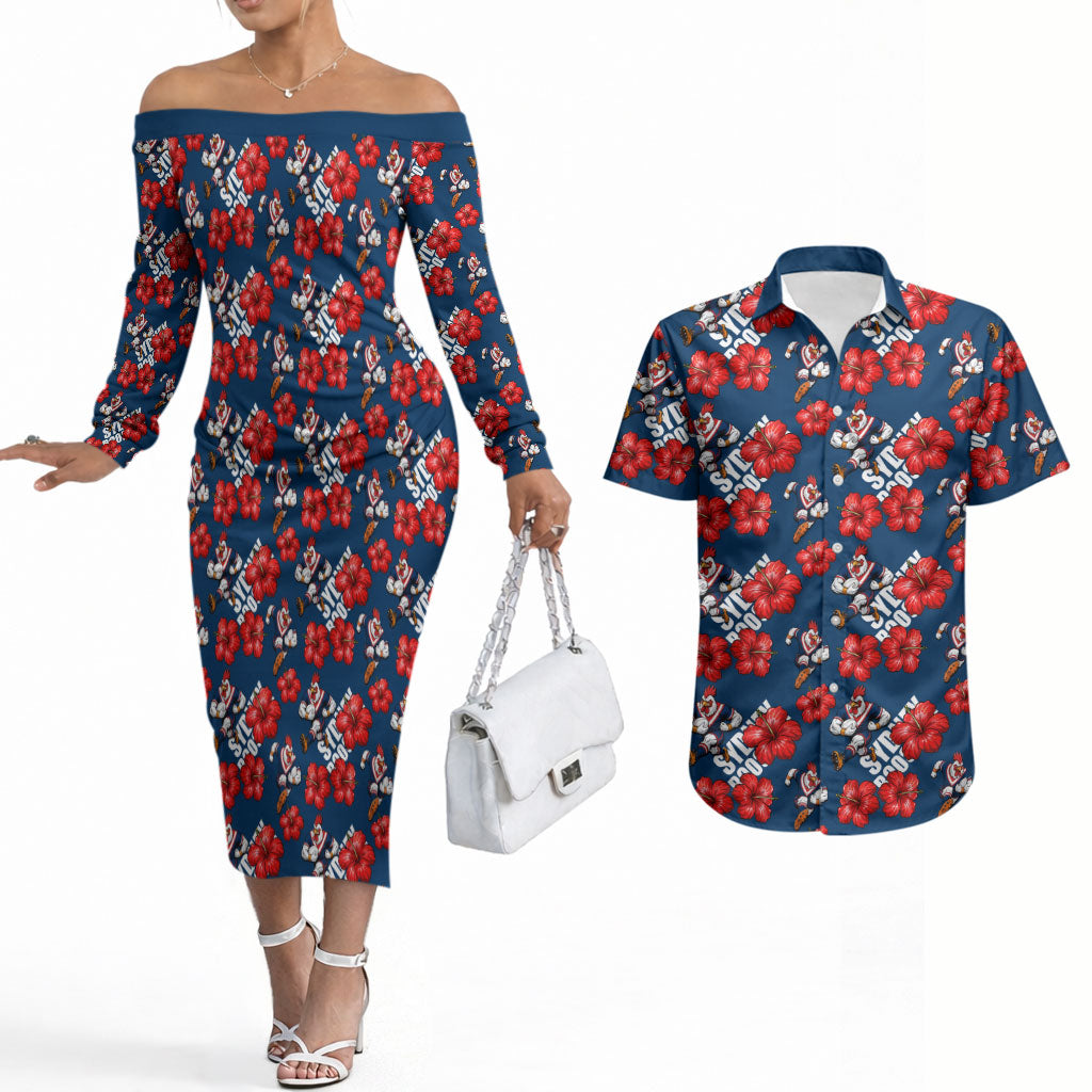 Sydney Roosters Couples Matching Off The Shoulder Long Sleeve Dress and Hawaiian Shirt Tropical Hibiscus Floral Seamless Rugby Mascot