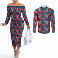 Sydney Roosters Couples Matching Off The Shoulder Long Sleeve Dress and Long Sleeve Button Shirt Tropical Hibiscus Floral Seamless Rugby Mascot