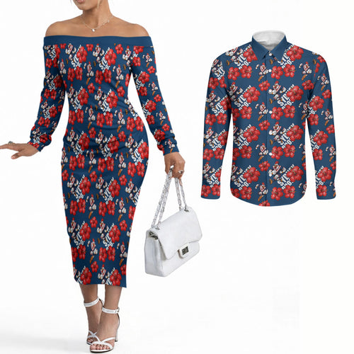 Sydney Roosters Couples Matching Off The Shoulder Long Sleeve Dress and Long Sleeve Button Shirt Tropical Hibiscus Floral Seamless Rugby Mascot