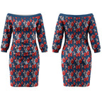 Sydney Roosters Couples Matching Off The Shoulder Long Sleeve Dress and Long Sleeve Button Shirt Tropical Hibiscus Floral Seamless Rugby Mascot